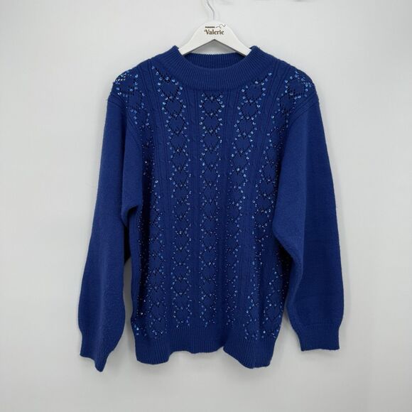 Tan Jay Vintage Blue Sequin Crewneck Sweater Acrylic Size Large - Picture 1 of 11